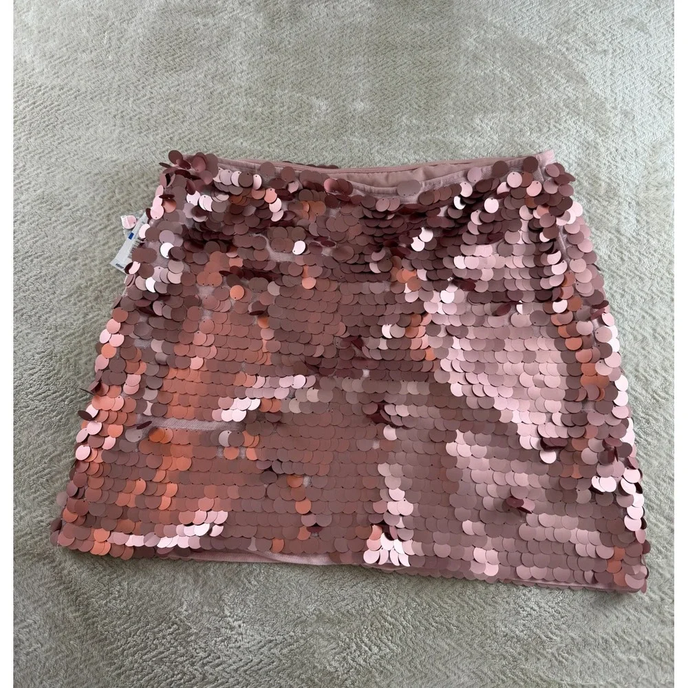 NWT 1.State A-line Mini Skirt Womens XL Metallic Pink Sequin Paillette Lined - Picture 3 of 11